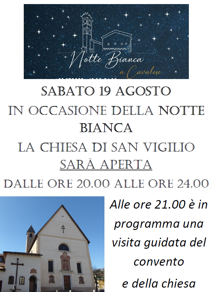 Sabato 19 agosto apertura Chiesa di San Vigilio dalle ore 20.00 alle ore 24.00