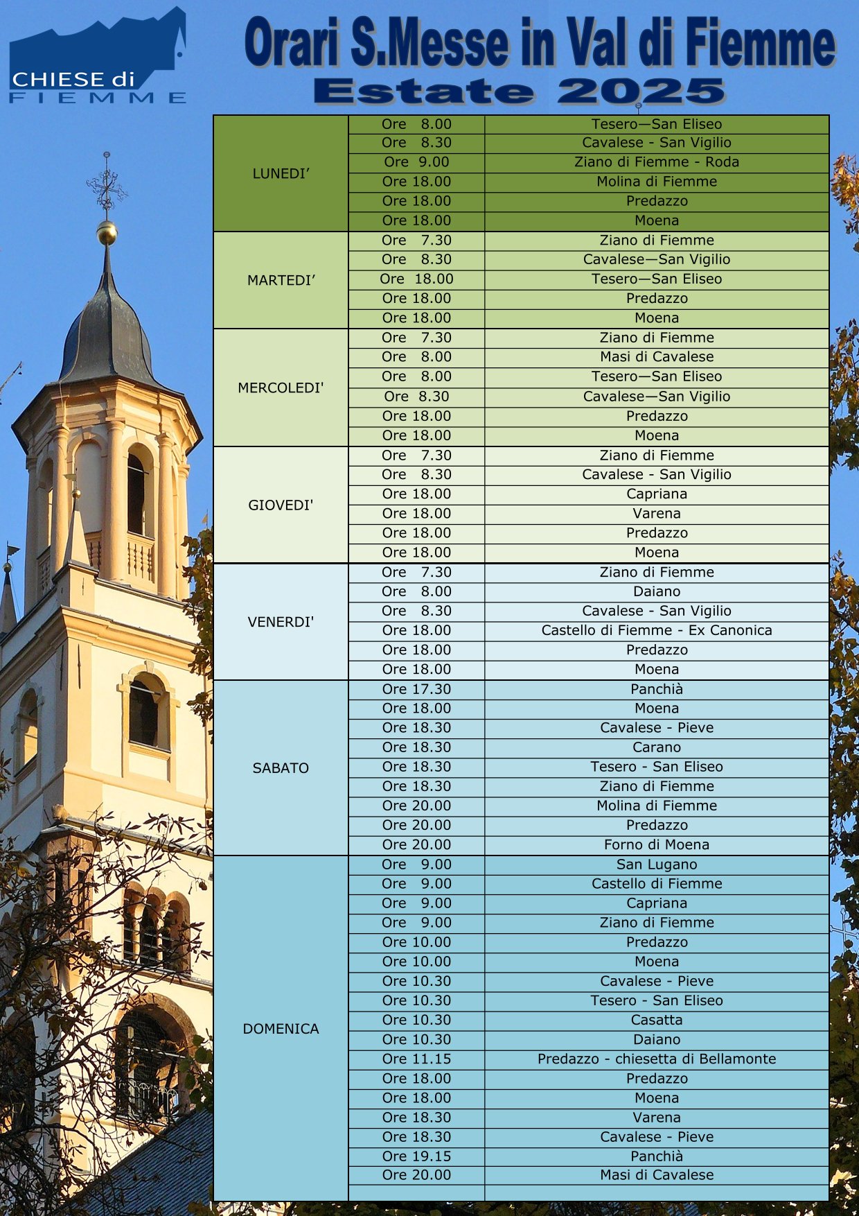 ORARI SANTE MESSE IN VAL DI FIEMME – ESTATE 2025
