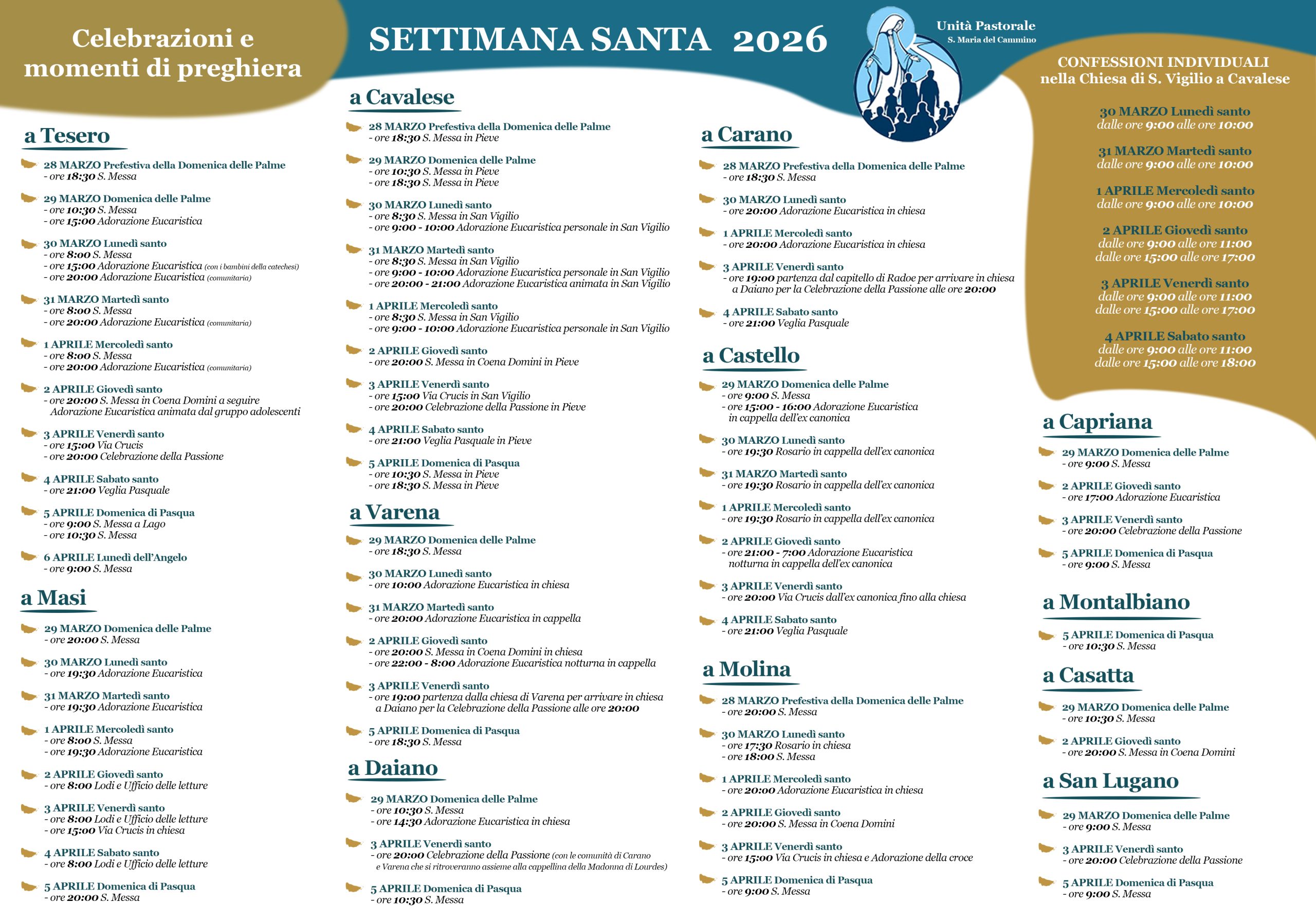 SETTIMANA SANTA – CELEBRAZIONI E MOMENTI DI PREGHIERA nell’Unità Pastorale Santa Maria del Cammino