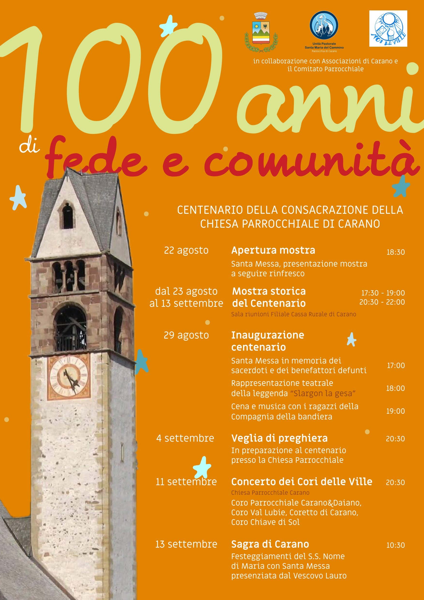 100 ANNI fede e comunità – CENTENARIO DELLA CONSACRAZIONE DELLA CHIESA PARROCCHIALE DI CARANO – accedi per vedere il programma completo e della mostra